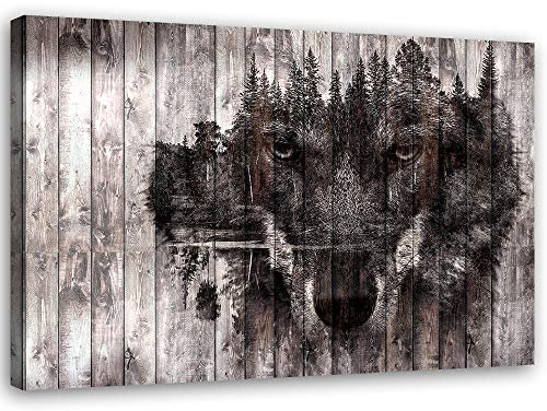 Feeby Wandbilder Wolf Holz Wald im Nebel 90x60 cm 1 Teilig Bilder XXL Leinwandbilder Bild auf Leinwand Modern Kunstdruck Wanddekoration Design Wild Tiere Schwarz Weiß