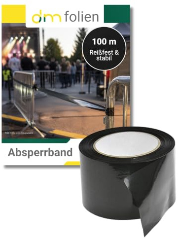 dm-folien gmbh 1 Rolle super stabiles Absperrband Flatterband Warnband Trassenband Folienband Parkplatzsperre Baustellenabsperrung 75mm (100m, Schwarz)