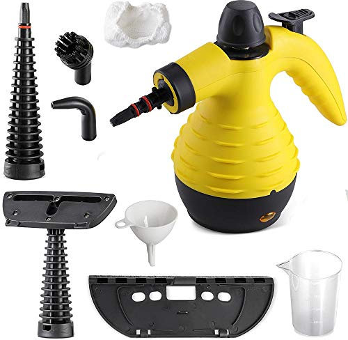 Bakaji Tragbarer Dampfreiniger, Leistung 1050 W, Druck 3,2 bar, 28 g/min, Tank 300 ml, schnelle Erwärmung mit drehbarem Auslauf, 360 Grad, Sicherheitsverriegelung und Zubehör für zu Hause (Gelb)