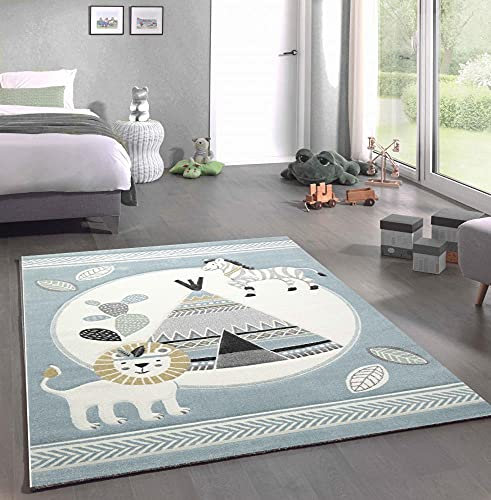 CARPETIA Spielteppich Kinderzimmer Löwe Indianer Zelt Kaktus Zebra grau blau Creme Größe 160x230 cm