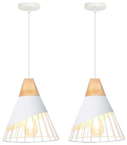 TOKIUS Pendelleuchte Modern Vintage Hängeleuchte Holz Lampenschirm aus Metall E27 Lampenfassung Hängelampe Ø25cm Kreative Deckenleuchte für Schlafzimmer Küche Esszimmer (Weiß - 2 Stücke)