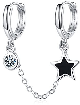 Qings Doppelt Durchbohrte Stern Ohrringe Creolen - Black Star Punk Rock Ohrringe aus 925 Sterling Silber Doppelte Piercing Ketten Anhänger Zirkon Schmuck Geschenke für Damen Mädchen