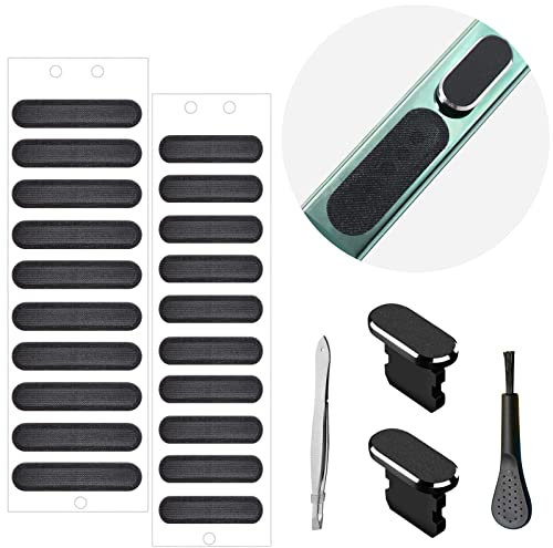 Phone Speaker Dustproof Stickers Protector, Mesh Speaker Anti Dust Adhesive Cover, Included Anti Dust Plug, Phone Port Cleaning Brush and Tweezer Compatible with iPhone 14, 13, 12 Pro Max, 11 (Black)