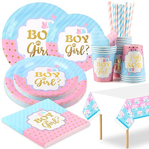Jonvell Gender Reveal Party Vaisselle,16 Invités Assiette Baby Shower Boy Or Girl Gender Reveal Assiette Gobelet Serviette Baby Shower Gender Reveal Party Decoration