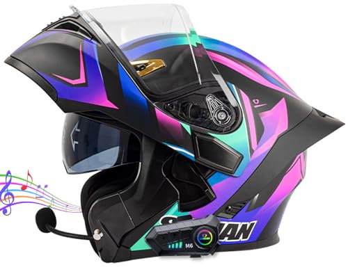 Bluetooth Modular Flip Up Front Motorradhelm Anti-Fog Doppelvisier Sonnenschutz Vollgesichts-Motorradhelm DOT/ECE-Zertifiziert Männer Frauen Moped Street Fahrradhelm,Lila,M