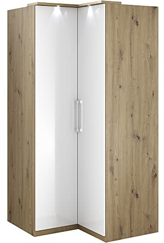 Lomadox Eckkleiderschrank mit LED Beleuchtung in Artisan Eiche mit Fronten in Hochglanz weiß, B/H/T: ca. 109/217/63 cm