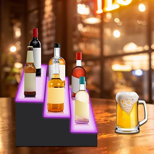 JAYEUW LED Lighted Liquor Bottle Display Shelf 16 inch LED Bar Shelves for Liquor 3 Tiers Illuminated Bottle Rack Holder for Home/Commercial Bar, Drinks Acrylic Lighting Shelves with Remote