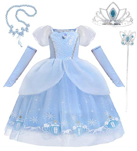 Lito Angels Princess Cinderella Fancy Dress Up Costume Party Ball Gown with Sleevelet Gloves and Accessories for Kids Girls Age 5-6 Years, Blue
