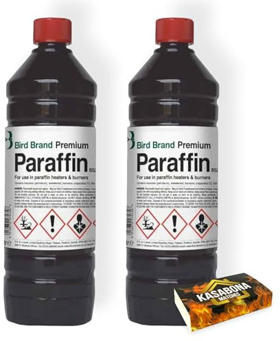 Bird Brand Premium Grade Paraffin 1L x 2 (2 litres) – Paraffin Oil for Greenhouse Garden Heater Oil Burner Lamps Torches with KasaBona Safety Matches - 1L (2)