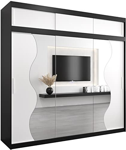 KRYSPOL Schwebetürenschrank Madryt 250 cm mit Spiegel Kleiderschrank mit Kleiderstange und Einlegeboden Schlafzimmer- Wohnzimmerschrank Schiebetüren Modern Design (Schwarz + Weiß mit Erweiterung)