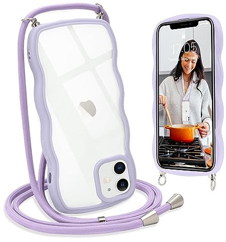 L-FADNUT Handykette für iPhone 12 iPhone 12 Pro Hülle mit Band, Silikon Wellen Rahmenform Handyhülle mit Kordel zum Umhängen, Transparent Schutzhülle Case für iPhone 12 iPhone 12 Pro, Lila