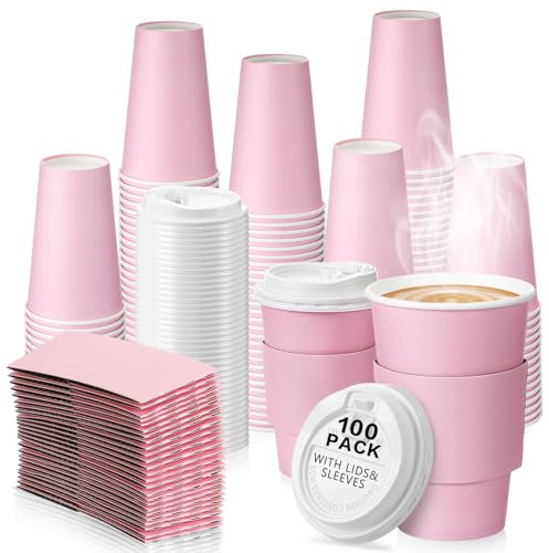 Tioncy 100 Set 16 oz Disposable Coffee Cups with Lids and Sleeves Set Insulated Paper Coffee Cups Disposable Paper Cups for Hot Chocolate Coffee Tea Cafes Travel Business Supplies (16 oz, Pink)
