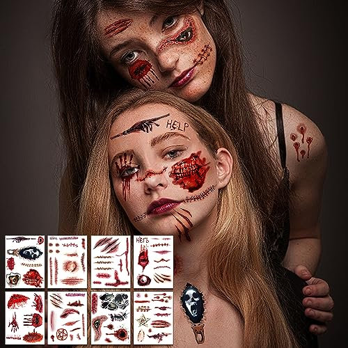 Yezirzax 8 Blätter Halloween Tattoos, Gruselig Halloween Deko Narben Wunden Tattoos Halloween Temporäre Gesichtstattoo Tattoo Sticker für Cosplay Party Halloween Dekoration Kinder Erwachsener Makeup