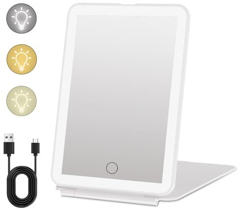 Udbrud Espejo Maquillaje con Luz, Espejo de Maquillaje de Viaje Recargable con 72 Luces LED Espejo con Luz 3 Modos Pantalla Táctil Regulable Espejo Cosmético Plegable de Sobremesa
