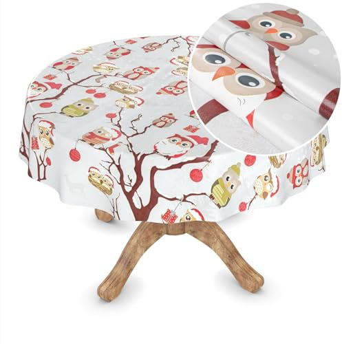 ANRO Wachstuchtischdecke Weihnachts Tischdecke abwaschbar Wachstuch Weihnachten Wachstischdecke Eulen Rund 140cm