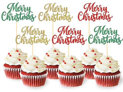 24 Stück Glitzer Weihnachten Cupcake Toppers, Merry Christmas Tortendeko, Frohe Weihnachten Kuchen Deko für Neujahr Party, Weihnachtsfeier (3 Christmas)