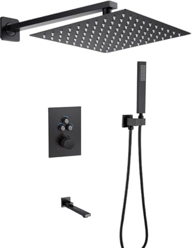 XJTNLB Duscharmatur Komplettset Unterputz Schwarz, Thermostat Armatur Dusche mit 2 Ausgänge Quadratische Regendusche aus Edelstahl,12 in-B