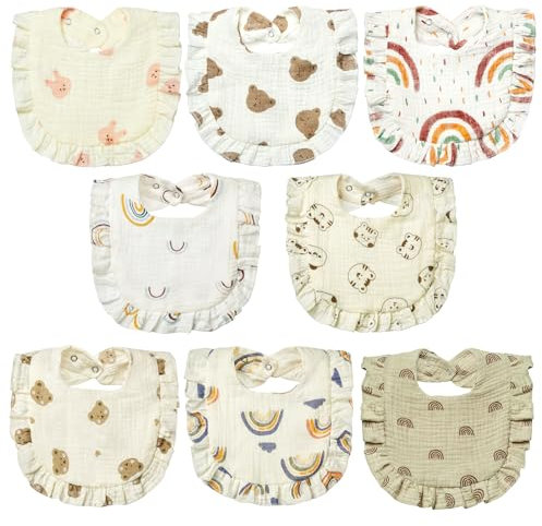 Lictin Musselin Bib für Babys, 8 Stück Moltontücher Baby Lätzchen Sabberlätzchen Baby, Musselin Lätzchen Baby mit Schnappverschluss, Moltontücher Baby Bibs für 0-24 Monat Baby