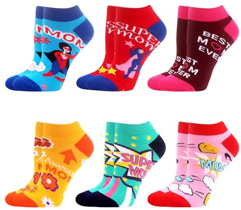 WeciBor Damen Lustige Bunte Sneaker Kurze Socken, 6 Paar Mehrfarbig Super Mom, Größe 39-42