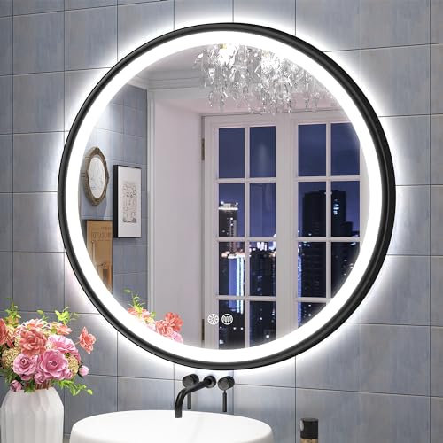S'bagno Badspiegel mit Beleuchtung 800 mm, Spiegel Rund mit Beleuchtung mit Aluminiumrahmen, Entfoggen, 3000-6500K, HD-Gehärtetes Glas, IP44 Bad Spiegel mit Licht Memory-Funktion, Schwarz
