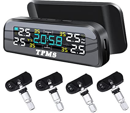 Sunydog Solar Reifendruckkontrollsystem Auto Reifendruck Wecker Reifendruckprüfer 360°drehbar Reifendrucküberwachung Reifendruck Temperaturwarnung(Eingebaute Sensoren)