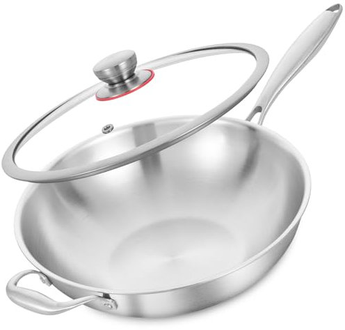 LOLYKITCH Tri-Ply 34 CM Stainless Steel Wok Pan with Lid,Induction Stir Fry Pan,Even Heating and Detachable Handle