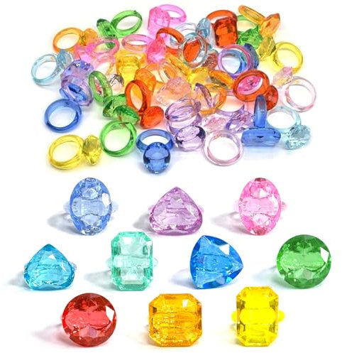 NLR FUN 50 PCS Kunststoff Acryl Ringe, Mehrere Formen Bunte Diamantringe, für Party Gastgeschenke | Preis Karneval Spielzeug | Goodie Bag | Geburtstag für Mädchen/Kinder
