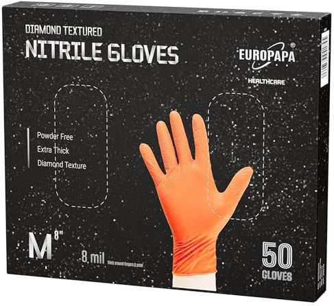 EUROPAPA 50 guantes de nitrilo extragruesos de 8 g, con agarre de diamante, color negro y naranja, perfectos agarres, guantes de protección de montaje, guantes de trabajo sin polvo (Naranja, M)