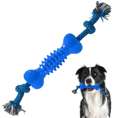 DDOXX Reifenbeißer-Knochen Gummikau-Spielzeug für Hunde – Robust, Bissfestes Hundespielzeug mit Seil – Ideal für Kauen, Zahnreinigung, und Interaktives Lange Spielzeiten - 40x6,5x4 cm, Blau