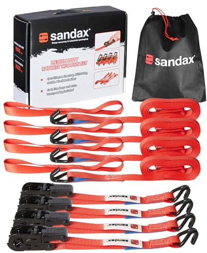Sandax 4er-Set Zurrgurte 4m lang & 25mm breit, LC 400 daN, STF 100 daN, Zweiteilige Spanngurte mit Ratsche, Ratschenspanngurte zur Ladungssicherung für Anhänger & Transporter I 4 Meter Ratschengurte