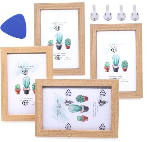 NVGFTG 4 Stück Bilderrahmen Holz Set Bilderrahmen 10x15 cm Holz Fotorahmen | Holzfarbe Kleine Bilderrahmen Holz Fotorahmen mit Acrylglas für Tischplatte und Wanddekoration, mit Halterung und Haken