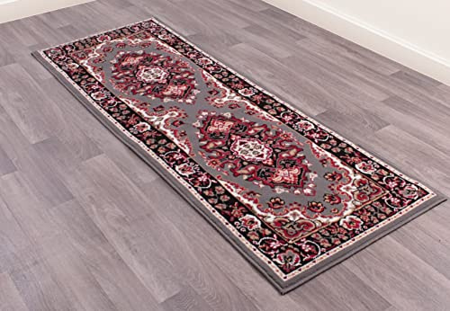 Lord of Rugs Lancashire Traditional Rug for Living Room, Bedroom, Hallways Lounge Classic Carpet Floral Bordered Medallion Oriental Rug Grey, Runner L201xW70 cm (6'7x2'4)