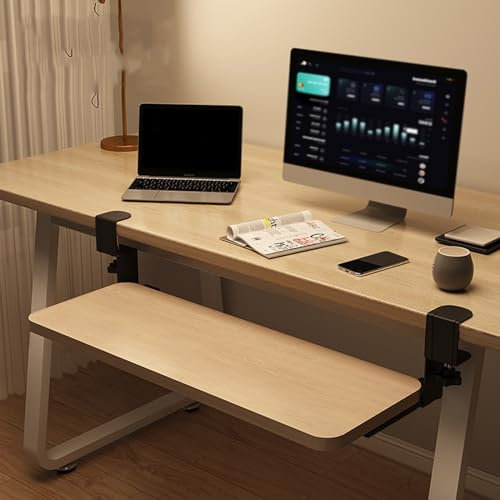 KHLMSRXJ Tastaturablage unter dem Schreibtisch mit Verstellbarer C-Klemme, ausziehbare Schubladenplattform unter dem Schreibtisch für Tastaturen und Mäuse, verschiebbare Tastaturablage/Holz