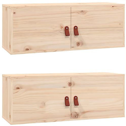 Meuble TV mural en pin massif avec 2 armoires flottantes en bois de pin