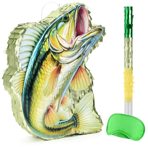 WERNNSAI Pinata – Fisch Piñata Party Dekorationen Zubehör Pinata mit Augenbinde und Schlagstock für Jungen Erwachsene Angelspiel Piñata SommerPool Party Spielzubehör Fisch Themen Gastgeschenke