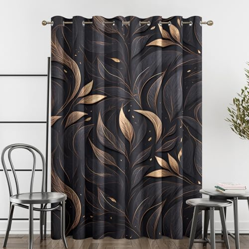 Gold Schwarze Blätter Vorhänge, Luxuriöses Metallic Verdunklungsvorhänge mit Ösen, Vorhang Blickdicht für Wohnzimmer Schlafzimmer Dekoration, Gardinen mit Muster, 2er Set, 137 x 117 cm (HöhexBreite)