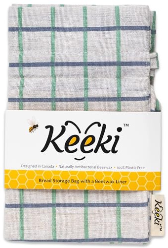 Keeki Bag - The Original Beeswax-Lined Bread Storage Bag (Blue) | Plastic-free Beeswax Wrap Alternative w/ Wide Drawstring Closure, Breathable, Washable Linen for Homemade Artisan Bread
