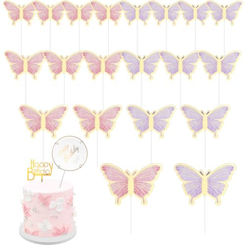 Coptiner 22 PCS Glitter Butterfly Cake Decorations Set 3D Lively Art Butterfly Cupcake Toppers Cupcake with 20 Sticks for Wedding Party Birthday Cake Food Decorations（Pink&Purple）