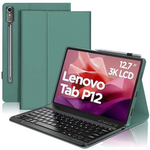 SENGBIRCH Custodia per tastiera per Lenovo Tab P12 da 12,7 pollici 2023, layout UK, tastiera wireless Bluetooth rimovibile, cover per Lenovo Tab P12 da 12,7 pollici (TB371FC), verde scuro