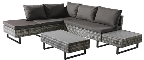 AL-Shine Poly rattan set, Garden set, Seating group, Sofa lounge, Garden lounge for 4-5 people,Lounge with corner sofa, Table & cushions, Removable and washable fabric cover, Grey