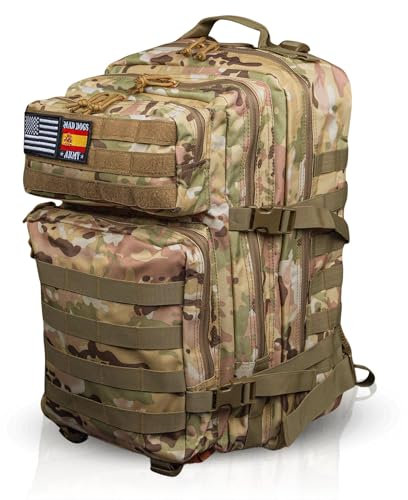 MAD DOGS Taktischer Militär-Rucksack, 45 l, wasserdicht, mit Molle-System, robust und multifunktional, für Survival, Wandern, Jagd, Airsoft, Trekking, Camping, Herren und Damen, Camo, 45L
