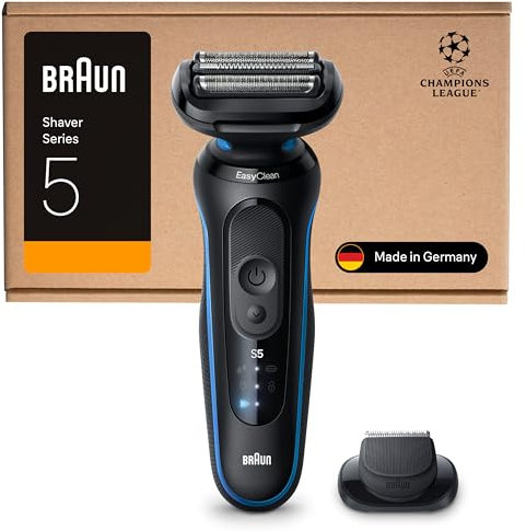 Braun Series 5 Elektrorasierer Herren, Rasierapparat mit 50 Min. Akkulaufzeit, mit Präzisionstrimmer-Aufsatz, Kabelloser Nass- und Trockenrasierer für Männer, Wasserdicht, 52-B1200si, Blau