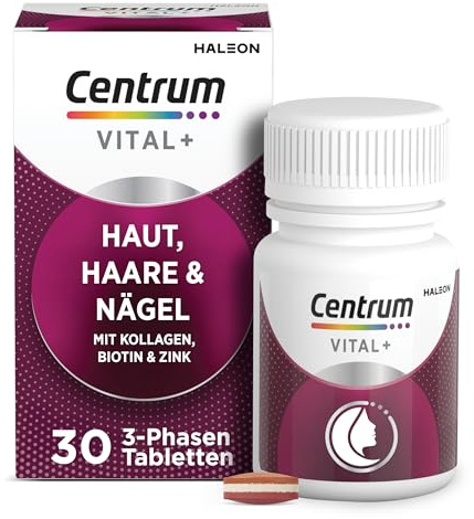 Centrum Vital+ Haut, Haare & Nägel, Hochwertiger Nährstoffkomplex für Schönheit von Innen2 & Zellregeneration3, mit marinem Kollagen, Hyaluronsäure, Biotin, Zink, Vitamin C, 30 Tabletten