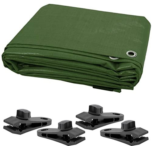 Bâche de sol verte robuste et imperméable 6 x 10 m pour meubles de camping, caravane et plus encore – Comprend 4 clips de bâche 90 g/m²