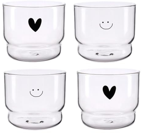 MRDLKNX 4 Trinkgläser, niedlicher Eiskaffee, Glasbecher mit aufgedrucktem Smiley-Gesicht/Herz, klare Kaffeetasse – Glaswaren für Wasser, Soda, Tee, Milch, 4 Stück