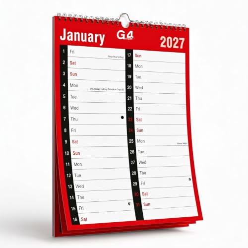 G4GADGET Wandkalender 2026, A4, Monatsansicht, 2 Spalten, Spiralbindung, Planer mit britischen Feiertagen, rot und weiß, hängender Monatsorganisator für Zuhause, Büro, Schule und Geschäft