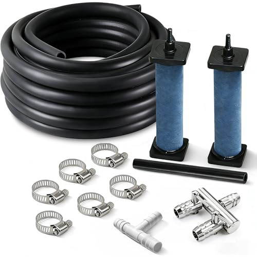 Biling Accessori per pompa ad aria, 16 m, 9,5 mm, accessori per acquario, tubo per ossigeno, set per serbatoi di pesce, stagno, accessori per acquario con splitter a 2 vie, 2 pietre d'aria, morsetto
