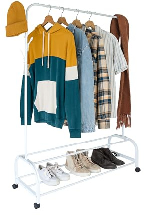 Relaxdays rolling clothes rack, HxWxD: 160 x 110 x 40 cm, 2 shelves, hooks, iron, clothes trolley, white
