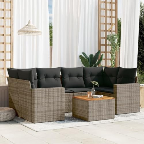 Teenpull 7-TLG. Garten-Lounge-Set, Grau Poly Rattan, mit Akazienholz-Tisch, Stauraum, wasserfesten Bezügen, UV-beständig, ideal für Terrasse, Balkon, Außenbereich, Bequeme Gartengarnitur