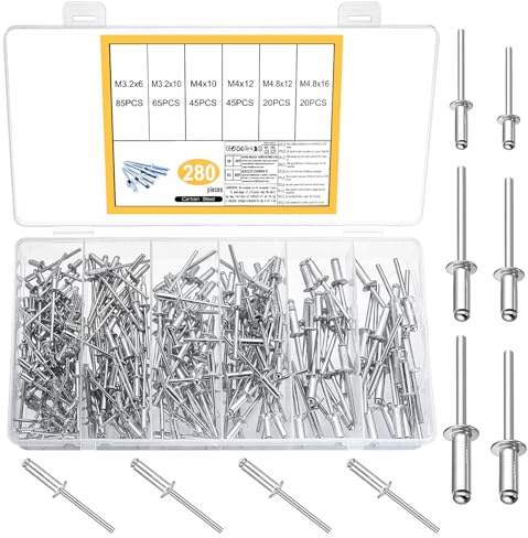 280 pièces assorties de rivets aveugles en aluminium, rivets M3,2 M4 M4,8 | Rivets aveugles en aluminium pour meubles et bricolage, bois, métal, plastique, rivets à ressort en alliage d'aluminium